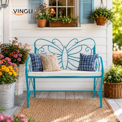 Image of VINGLI 38.7in Cast Iron Outdoor Bench with Cushion, All Weather Resistant Metal Bench with Curved Armrests and Butterfly Pattern Backrest, 1-2 Person Patio Bench for Garden Porch Park Yard (Blue