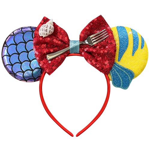 Bmobuo Mermaid Mouse Ears Headband for Women, Fish Scales Mouse Ears Sequin Bows Headband Mouse Ears for Adult Park Ears