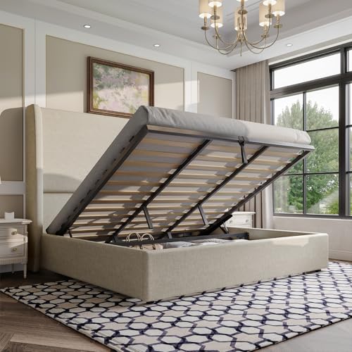 AMERLIFE Lift Up Storage Bed King Size Linen Upholstered Platform Bed Frame, Hydraulic Storage,Modern Wingback Headboard, No Box Spring Needed, Khaki