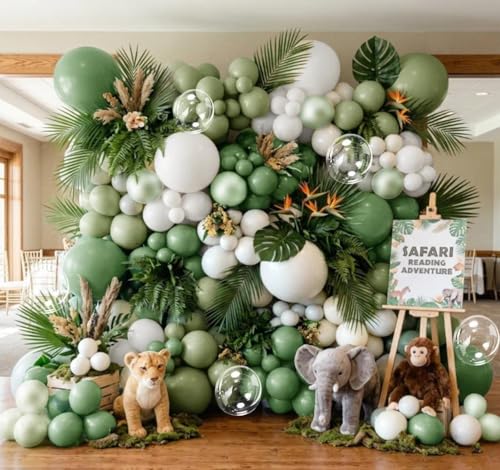 Image of Green White Balloons Double Stuffed Green Bobo Pearl Balloon Arch Kit | Light Olive White Balloon Garland for Jungle Safari Wildone Birthday Baby Shower Wedding Anniversary Decor