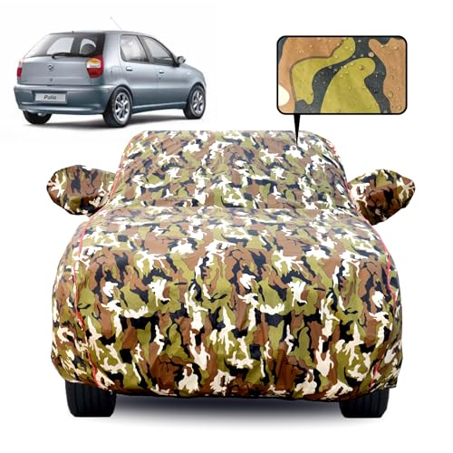 Image of Waterproof Car Body Cover for Fiat Palio with Mirror Pocket, Soft Cotton Lining, Triple Stitched, Full Bottom Elastic (Heat Resistant Jungle Print with Red Piping)