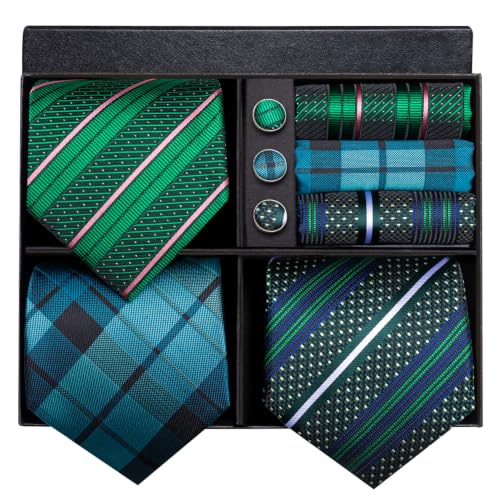 Image of Hi-Tie 3 Pcs Gift Box Mens Tie Set Necktie with Pocket Square Cufflinks Lapel Pin Silk Neck Tie Collection