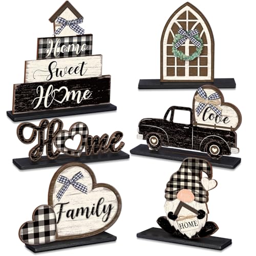 Image of Yuntau 6 Pcs Farmhouse Table Decorations Home Sweet Home Tabletop Centerpiece Wooden Black and White Plaid Table Topper Signs for Kitchen Shelf Desk Decor Housewarming Gifts Holiday Party Supplies