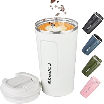 17oz 500ml Vacuum Insulated Travel Mug, Leakproof Double Wall Stainless Steel Reusable Coffee Cup with Lid for Hot & Cold Drinks, White