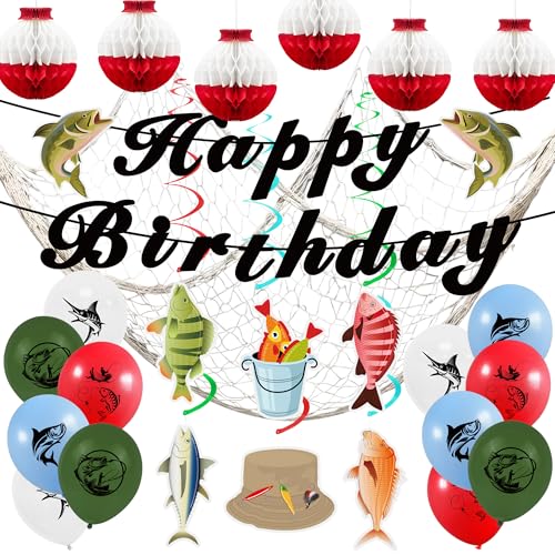 Gone Fishing Party Decorations Kit Include Hanging Banner Swirl Balloons (Happy Birthday)