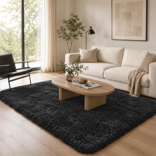 BEIMO Soft Fluffy Rugs for Bedrooms 160x230cm Super Plush Shaggy Pure Color Area Rug Fluffy Faux Fur Carpets High Pile Rug Non Shedding Soft Rugs for Living Room Pure Black