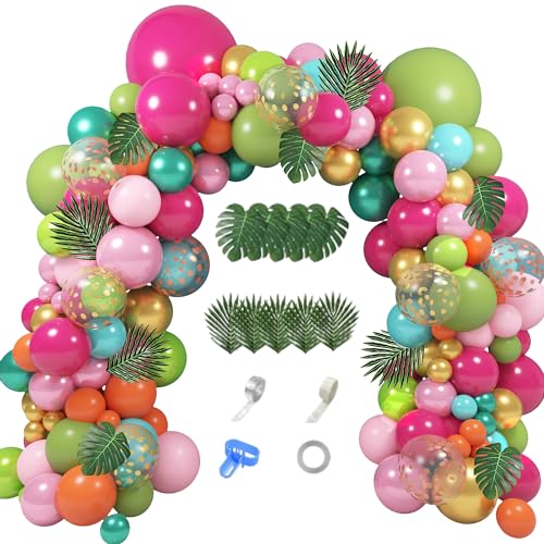 158Pcs Tropical Balloon Arch Garland Kit Hawaiian Luau Aloha Flamingo Party Decorations Olive Green Hot Pink Orange Rose Gold Confetti Balloons Palm Leaves Birthday Baby Shower Summer Beach Supplies