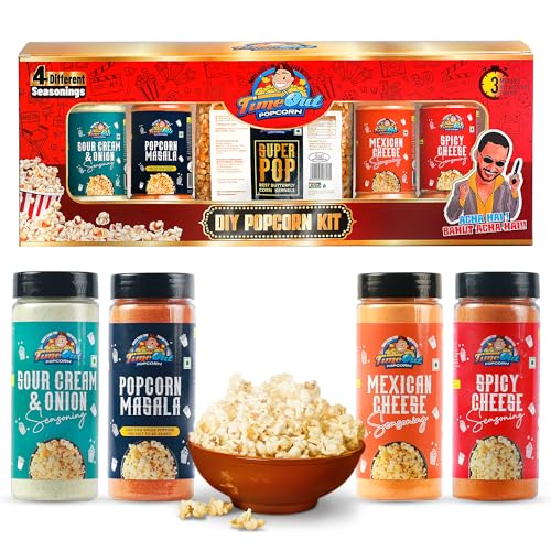 Image of Time Out Popcorn DIY Gift Hamper Kit, Popcorn Kernels (Maize) 400g with 4 seasoning Mexican Cheese, Spicy Cheese, Sour Cream Onion & Popcorn Masala