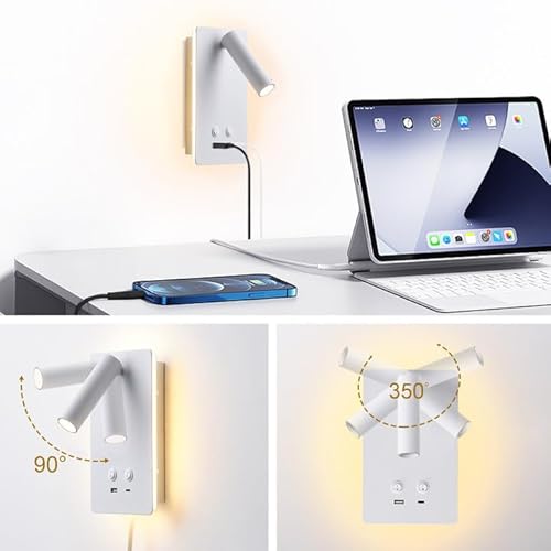 MOLUOLA LED Wall Lamp Wall Mounted Reading Lights, Adjustable Headboard Plug in Wall Sconce with USB C+A Ports, Headboard Bedside Lamp with 9W+3W Night Light 3000K (White) - Cosy Home Interiors MOLUOLA LED Wall Lamp Wall Mounted Reading Lights, Adjustable Headboard Plug in Wall Sconce with USB C+A Ports, Headboard Bedside Lamp with 9W+3W Night Light 3000K (White) - Image 4