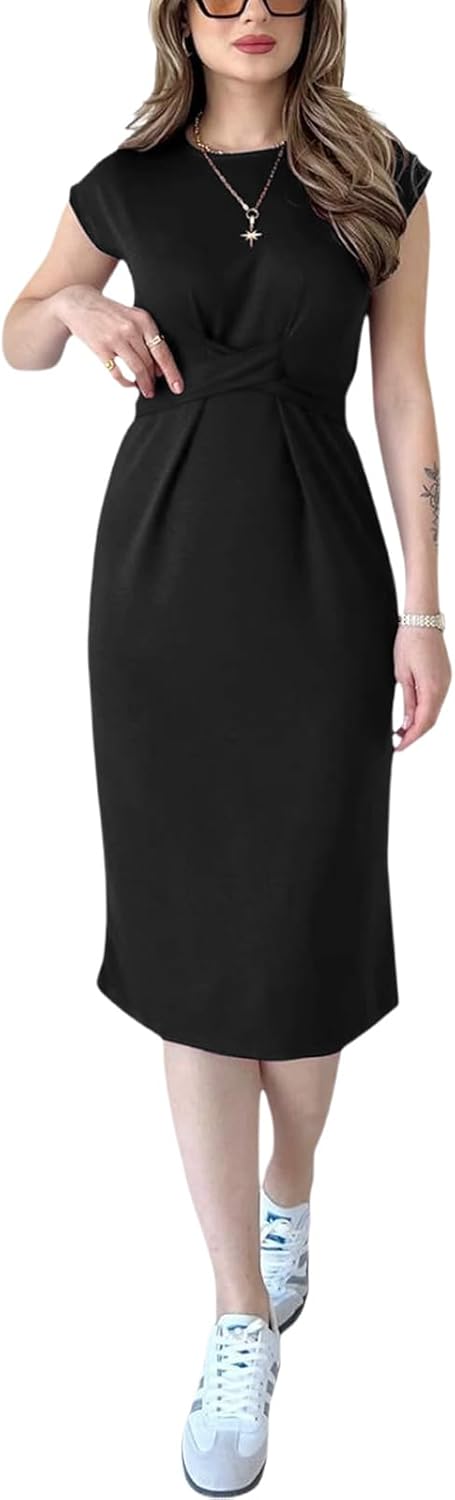 Women's Crewneck Casual Bodycon Dress Cap Sleeve Tie Waist Pencil Midi Dresses