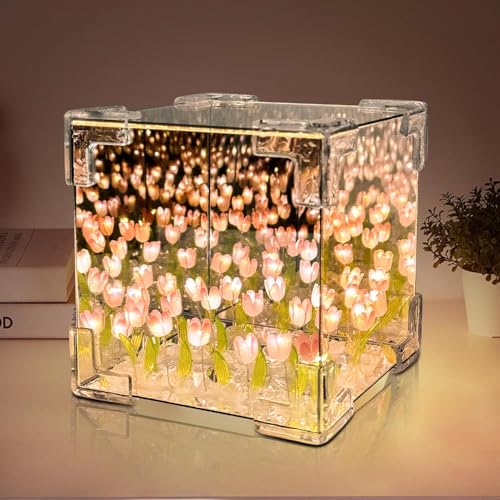 Image of DIY Tulip Night Light LED Lamp, Glass Artificial Tulips Flower, Bedroom Table Lamp, 9 Flowers, Square, Children Girl Couple Friends Gift, Atmosphere Decoration Desk Ornament