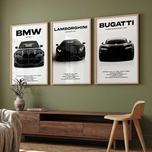 Image of HOTHOUSE Big BMW M3, Lamborghini Aventador, Bugatti Chiron Cars Framed Posters Gift Items for Boys Room Wall Decoration Bedroom Living Room Office Studio Decor | Set Of 3 Size (10 X 13 inch)