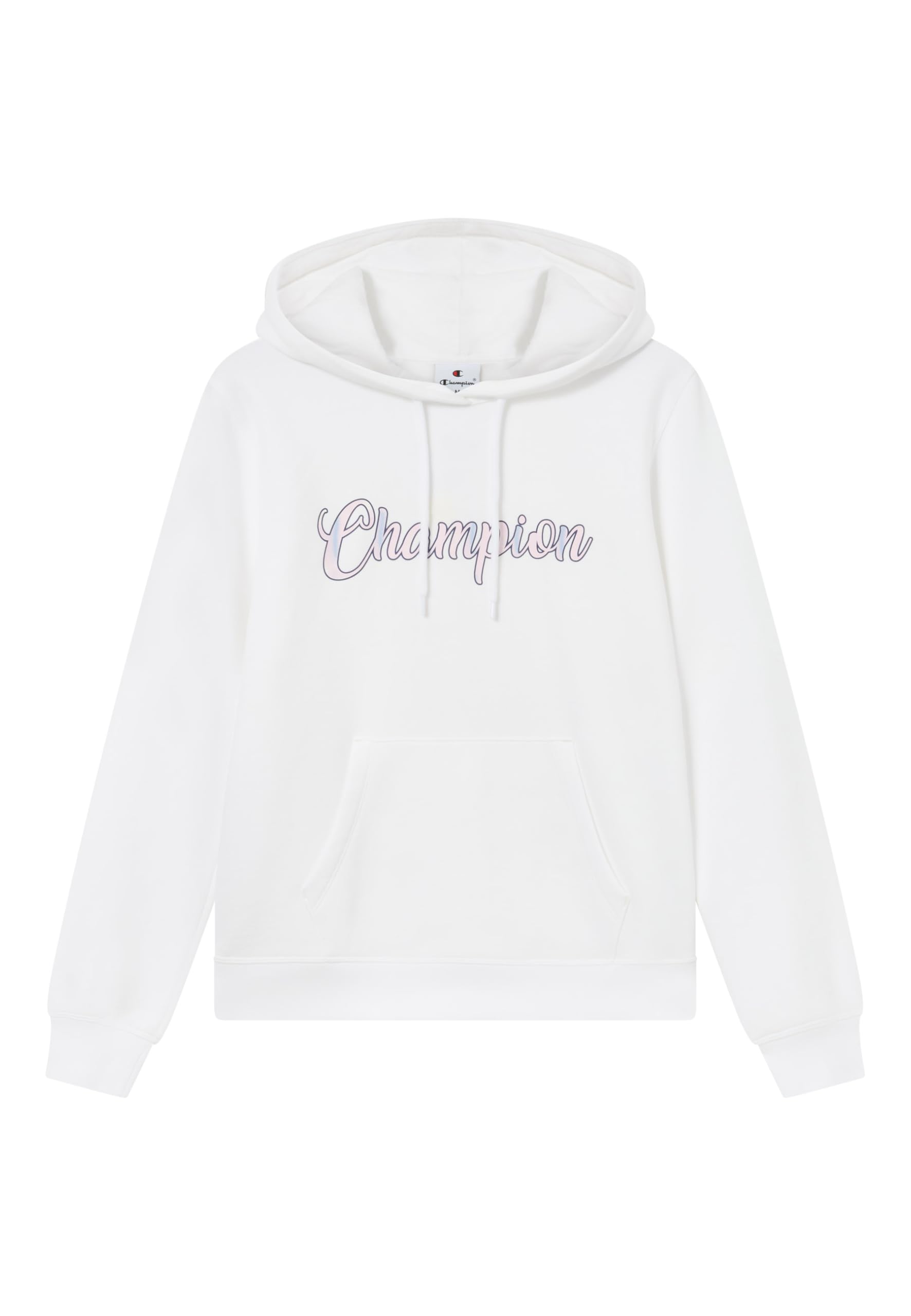 Champion Women's fleece hoodie, rib cuff and hem, front kangaroo pocket, hood with adjustable drawcords, graphic logo White