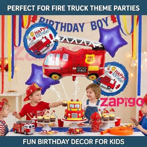 Image of Balloonistics Fire Truck Theme Birthday Balloon Bouquet | Firefighter Birthday Party Decoration | Fire Engine Party Balloon Set for Kids | Pack of 5