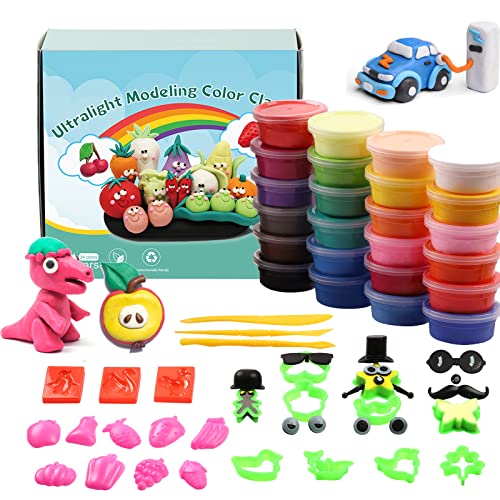 Modeling Clay Kit, 24 Colors Air Dry Clay,Ultra Light Nontoxic Magic Clay,DIY Molding Clay Art Kit Christmas Gift for Kids Ages 3-7, with 3 Sculpting Tools, Animal Fruit Molds and Tutorial Manuals