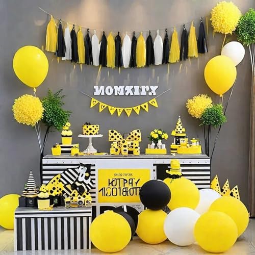 Image of Yellow White and Black Tassel Garland Banner Paper Tassels for Party Decorations,Pack of 15