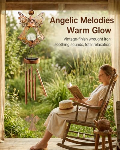 Image of Angel Solar Wind Chimes for Outside: Metal Outdoor Memorial Decor | Easy Hanging for Garden Patio Tree Window - Melodious Birthday Gifts for Women Mom Grandma