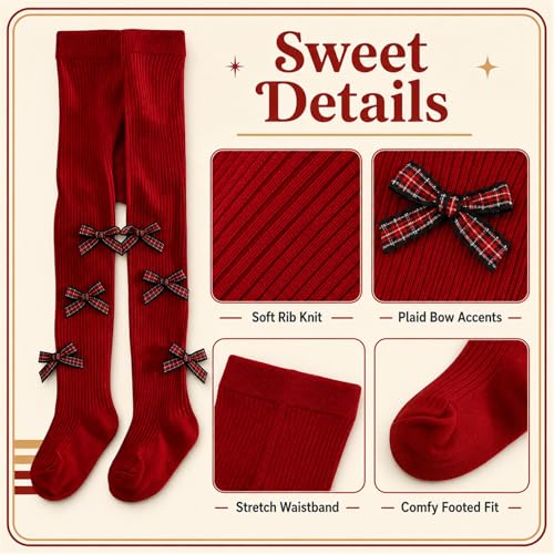 Image of VIKITA Girls Ribbed Tights with Bow - Soft Daily Knitted Leggings