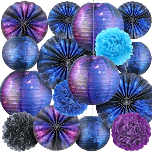Hortsun 16 Pieces Galaxy Party Decorations Galaxy Print Paper Lanterns Paper Fans Flowers Space Themed Hanging Lanterns Ceiling Decor for Home Birthday Party Decor