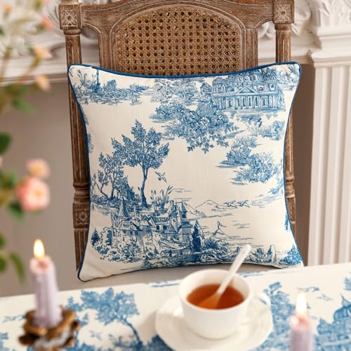 patdrea Designer Square Throw Pillow Covers Set of 2,Rustic Linen with Chinoiserie Blue Scenery Pattern Pillows Cover,Decorative Pillowcases Cushion for Bed Living Room Outdoor Car,18 x18 Inches by patdrea - Image 2