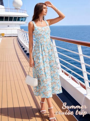 Image of Sureple Midi Dresses for Women 2026 Spring Square Neck Tank Sleeveless A Line Casual Summer Sundresses with Pockets