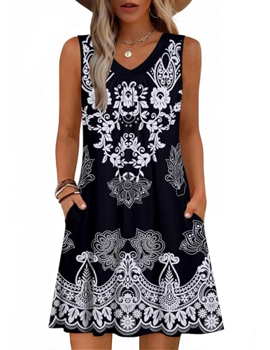 Image of Zeagoo Summer Dresses for Women 2026 Sleeveless Dress V Neck Tank Dress Pleated Floral Tshirt Sundresses with Pockets
