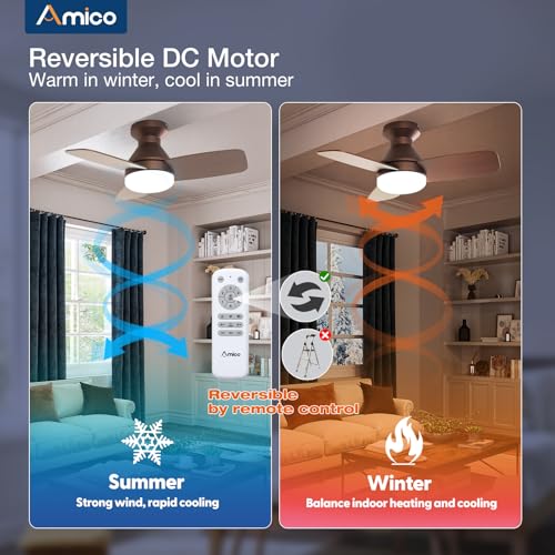 Image of Amico Ceiling Fans with Lights, 30 inch Low Profile Ceiling Fan with Light and Remote Control, Flush Mount, Reversible, 3CCT, Dimmable, Noiseless, Brown Ceiling Fan for Bedroom, Indoor /Outdoor Use