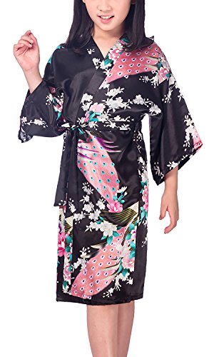 Dolamen Bambini Ragazza Ragazzo Kimono Vestaglia Pigiama Raso di seta del pavone e fiori Robe Accappatoio per matrimoni nuziali (Taglia 10: per altezza 115-130 cm (45 '-51'), Nero)