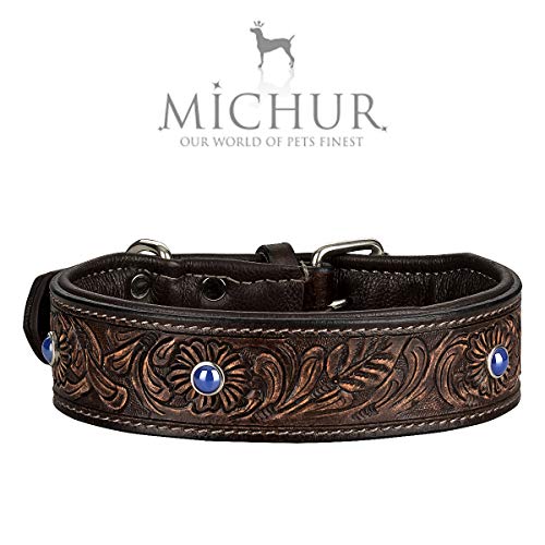 MICHUR Antonio Hundehalsband Leder, Lederhalsband Hund, Halsband, BRAUN, Leder, mit blauen Steinchen, Blau, in verschiedenen Größen erhältlich