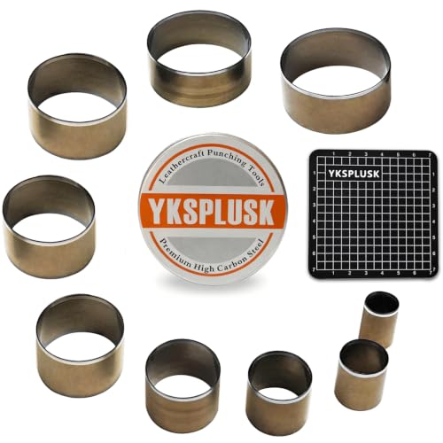 YKSPLUSK Leather Circle Cutter Tool Set, 9 Pieces Circle Punch Tools 15 20 25 30 35 40 45 50 55mm, High Carbon Steel Round Cutting Dies - Leather Hole Punch Tool Kit for DIY Leathercrafts