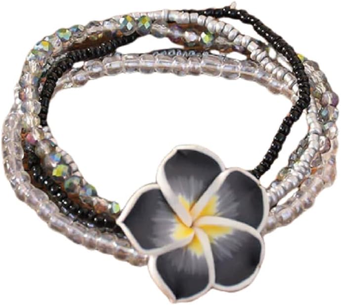 Hawaiian Plumeria Rubra Bracelets Bohemian Polymer Clay Beaded Stretch Bracelet for Women Tropical Flower Summer Beach Boho Jewelry