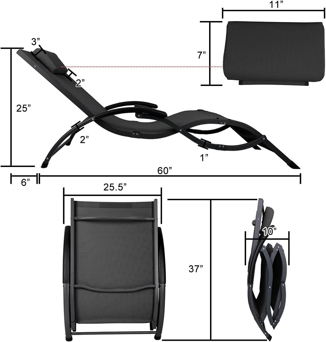 Patio Folding Chair Outdoor Lounger Beach Pool Sunbed Garden Porch Yard Chaise Steel Mesh Fabric with Pillow, Black