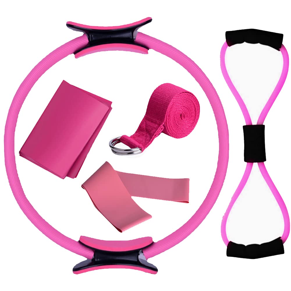 Arabest Pilates Ring - 5 Pack Yoga Ring Set with Dual Grip, Magic Circle Pilates Ring for Home Workout, Toning, Fitness, Pilates Equipment Kit with Figure 8 Band, Resistance Stretching Strap (Pink)