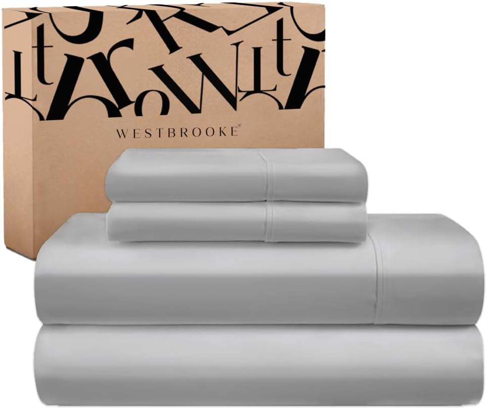 Westbrooke 475 Thread Count 100% Long Staple Cotton Sateen Sheet Set,California King 4 Piece Bedding Set Silky Soft,Smooth& Breathable Cotton Sheets with 15.5DeepPocket Luxury Sateen Finish Light Grey