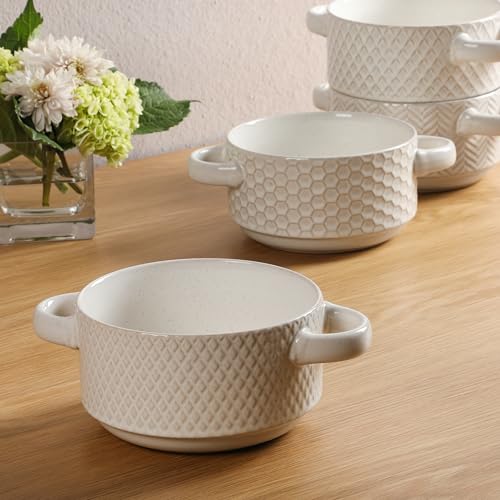 Image of Gibson Elite Oyster Tide Embossed 6 Inch Soup Bowls with Handles. French Onion Soup Crocks, Stackable Soup Bowl, Chili, Beef Stew Reactive Glaze Stackable Ceramic Bowl, Set of 4, White