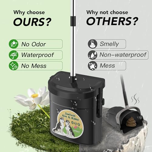 Image of UPSKY 33.4 inch Dog Pooper Scooper Swivel Bin & Rake Kit with 100 Waste Bags | Long Handle Heavy Duty Pet Poop, Stainless Steel, Easy to Install, Odor-proof Lid for All Dog Sizes-Yard /Lawn /Outdoor Use