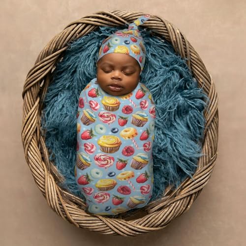 Image of Painting Lollipop and Muffins Newborn Swaddle Blankets Hat Sets Soft Baby Receiving Blanket Swaddle Sack for Baby Shower Infant Boy Girl Gift