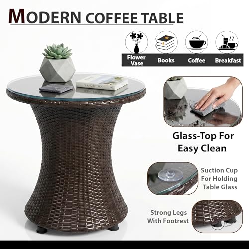 Image of OUTLIVING Outdoor Two Seater Rattan & Wicker Conversation Mudda Set | UV & Water Resistant Patio & Garden Furniture Set with 2 Cushioned Chairs & Glass Top Center Table | Brown