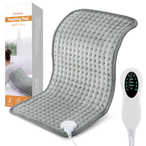 Ponicozy Electric Heating Pad for Back Pain Relief 24 x 12 Grey Flannel 10 Heat Settings 3 Timer Options Auto Shut Off