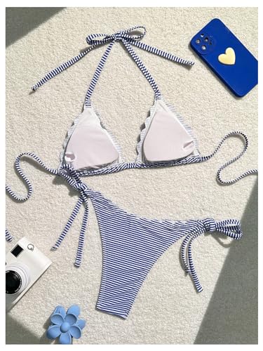 WDIRARA Women's Striped Bikini Set Halter Triangle String Swimsuit 2 Piece Bathing Suit2