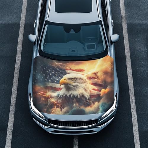 Image of US Flag Eagle Hood Cover for Compact Cars SUV Trucks Minivan, 59x39 Inch Stretchable Car Hood Wrap Blankets, Waterproof Automotive Decorative Accessories