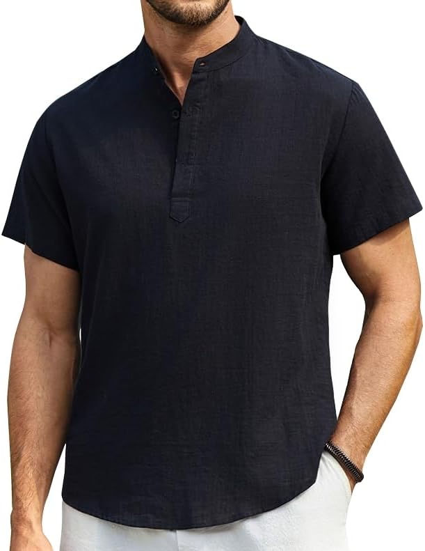 Enlision Mens Cotton Linen Henley Shirts Casual Short Sleeve Shirt Summer Beach Hippie Tshirt Band Collar Shirt for Men