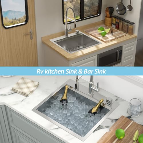 Image of Kichae 21 Drop In Bar Sink- 21x20 Kitchen Sink Stainless Steel 16 Gauge Bar Prep Sinks Small Overmount Topmount Ledge Workstation Single Bowl Handmade Basin with Cutting Bowl