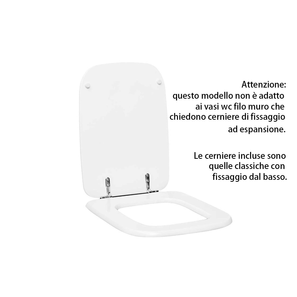 BM 7016 Copriwater Sedile Tavoletta WC Coperchio Toilet Seat Bagno in Legno MDF Bianco Quadrato Rettangolare, Misura Standard Fissaggio dal Basso Cerniere Incluse
