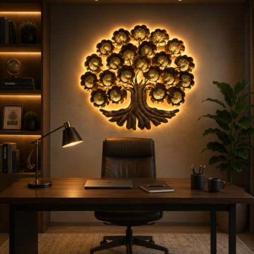 Image of Bharat Art Metal Iron Wall Art Decor for Home Bedroom Living room Cafe Interior Decorative | Elegant Wall Hanging Sculpture with LED Light | Gift Item | Metal Big Tree(Jali Tree) | 48x4x48 INCH | W165
