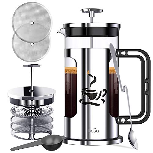 BASA French Press Coffee Maker, 34oz Coffee and Tea Makers with 4 Level Filtration System, BPA Free/FDA Approved, 304-Grade Stainless Steel, Heat Resistant Borosilicate Glass