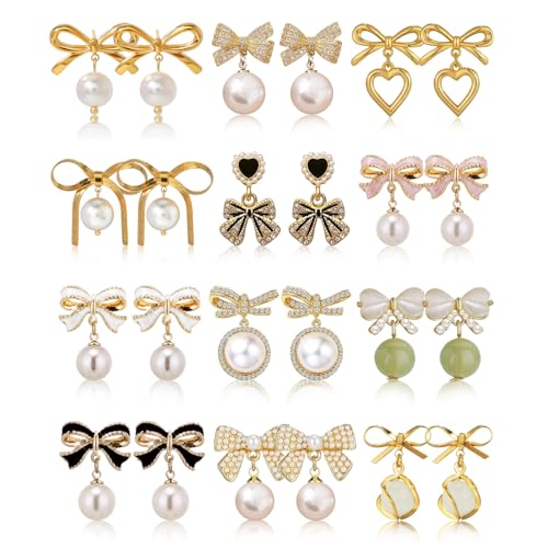 12 Pairs of Women's Bow Earrings Pearl Rhinestone Drop Dangle Earrings Dainty Trendy Earrings Wedding Party Jewelry Gifts