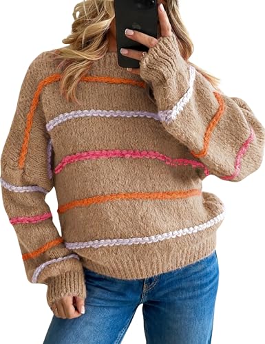 Image of QIBABU Womens Striped Sweaters Casual Lantern Sleeve Color Block Knit Pullover Sweater Tops