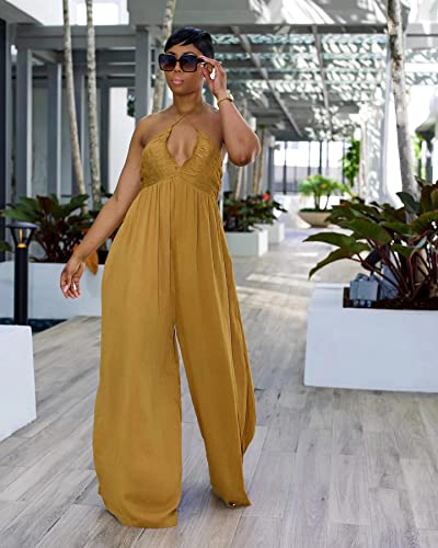 Aro Lora Womens Sexy V Neck Halter Tie Knot Ruched One Piece Wide Leg Pant Jumpsuit Romper Xx-Large Dark Yellow #TOP3