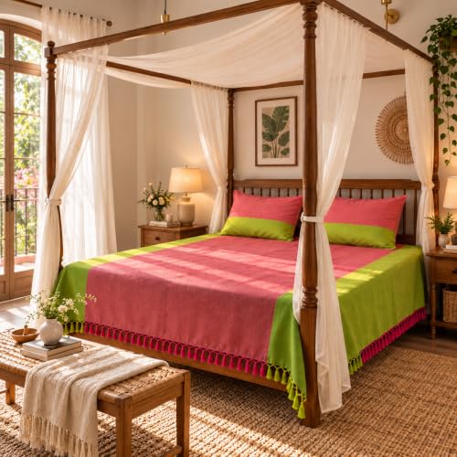 Image of RANGBHAR Handloom 100% Cotton Premium King Size Bedsheet | Hand Woven Bed Cover with 2 Pillow Covers | 250 GSM Thick Cotton Bedspread | 100x98 inch | Pink | Yarn Dyed